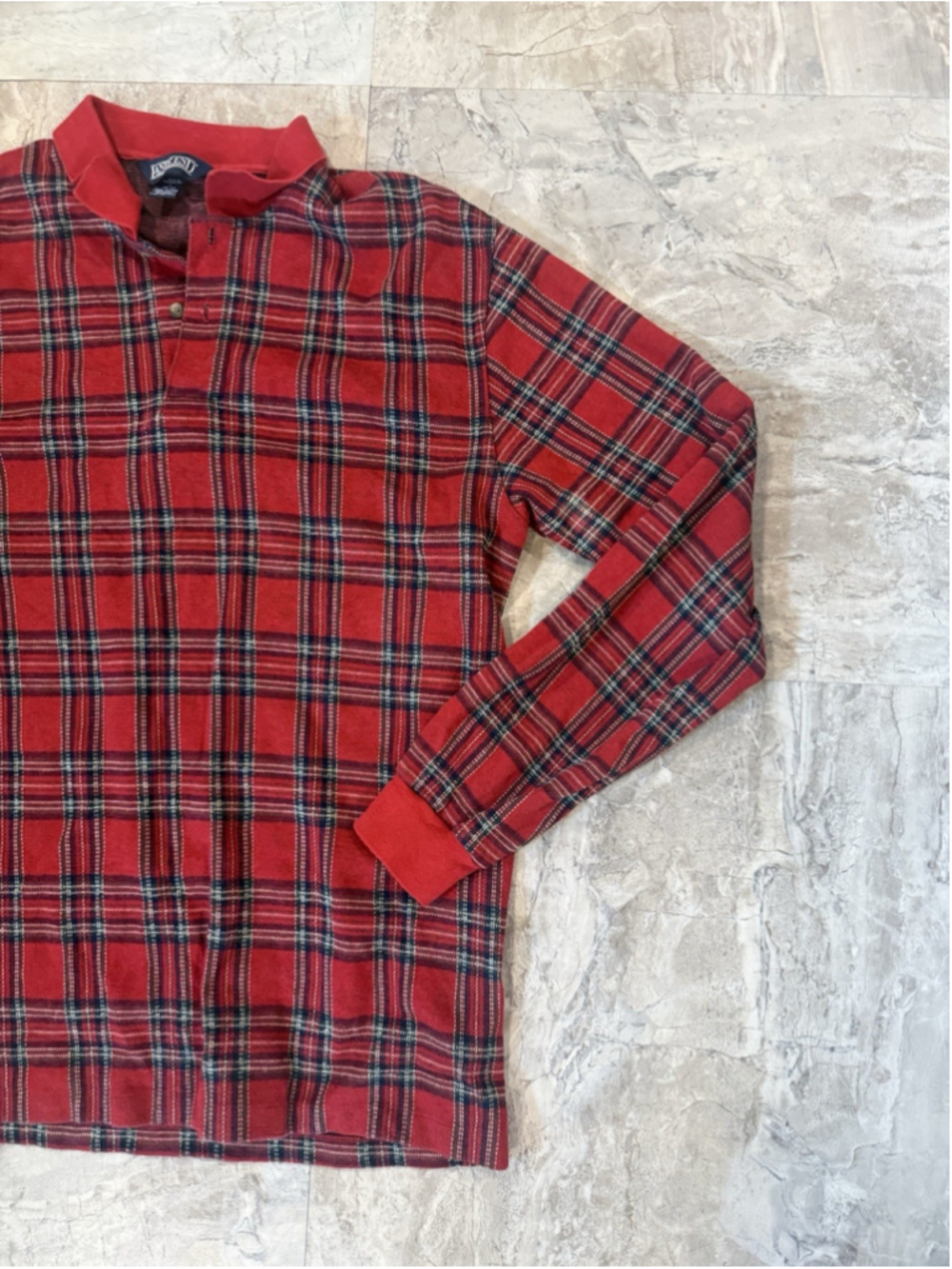 VTG Lands End Red Tartan Plaid Long Sleeve Polo Shirt Mens L Made In USA